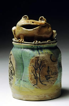 Frog Jar: Wood fired stoneware with mishima designs
