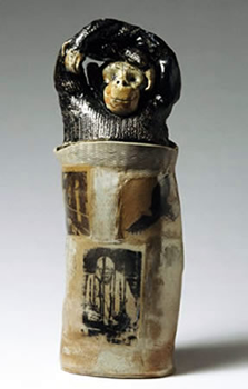 Chimpanzee: Wood fired stoneware with silkscreens